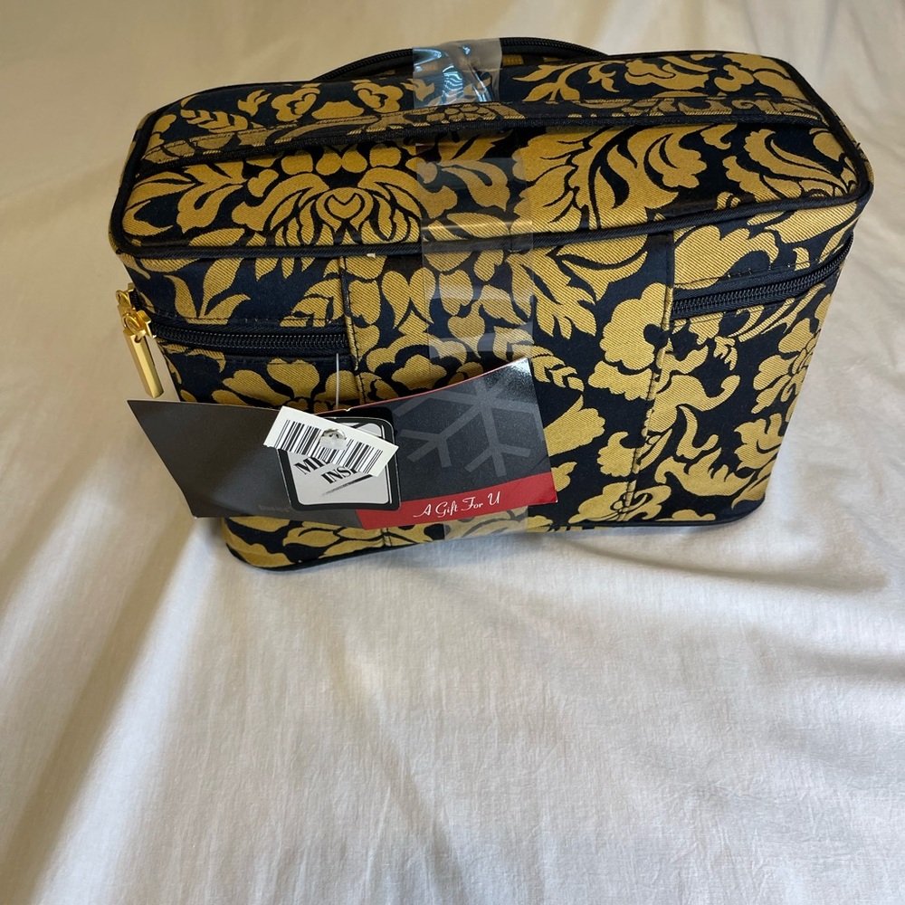 Gold Damask 2 Piece Cosmetic Bag Set Black Gold Travel Vanity Case with Mirror
